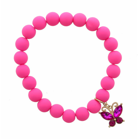 Kids Hot Pink Butterfly on Hot Pink Beads Bracelet