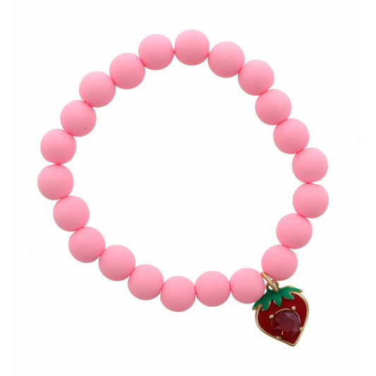 Kids Red Crystal Strawberry on Pink Beads Bracelet