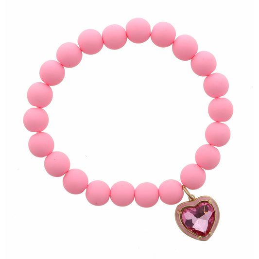 Kids Pink Crystal Heart on Pink Beads Bracelet