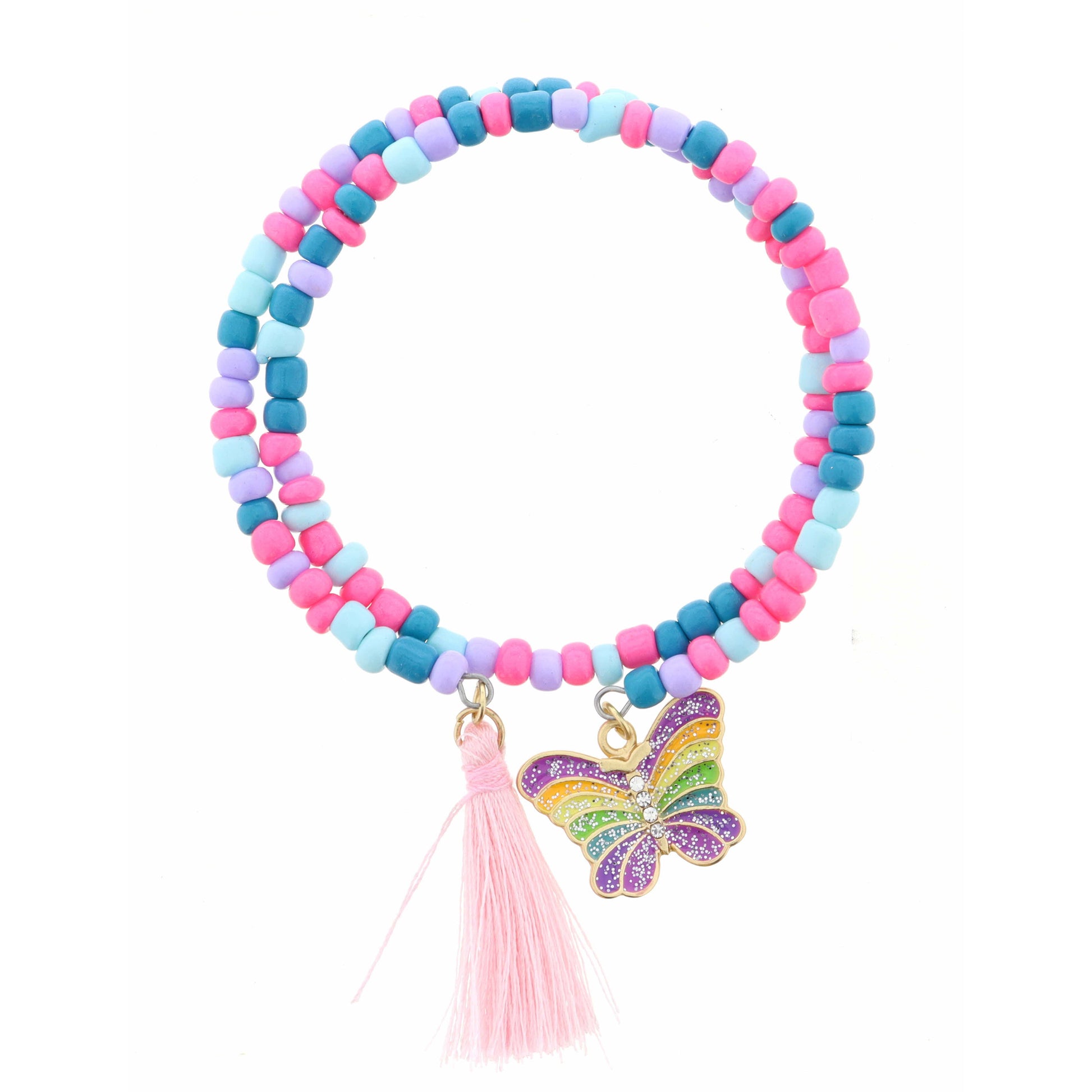 Kids Multi Butterfly with Pink Tassel on Multi Coil Bracelet