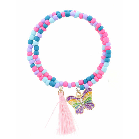 Kids Multi Butterfly with Pink Tassel on Multi Coil Bracelet