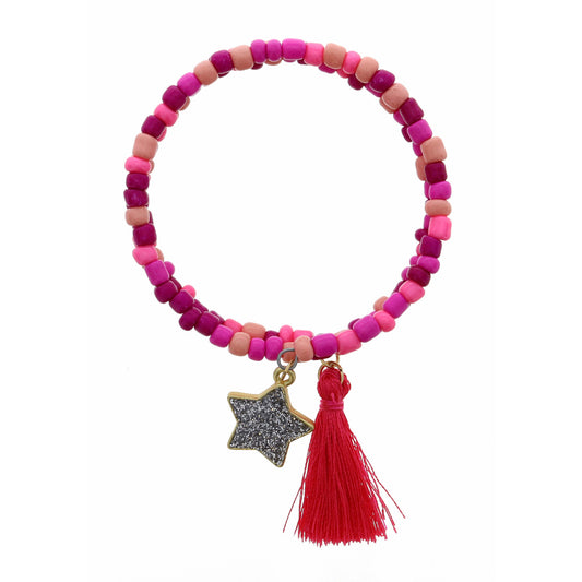 Kids Silver Glitter Star with Hot Pink Tassel on Multi Coil Bracelet