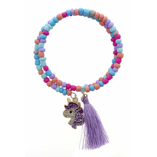 Kids Unicorn with Purple Tassel on Multi Coil Bracelet