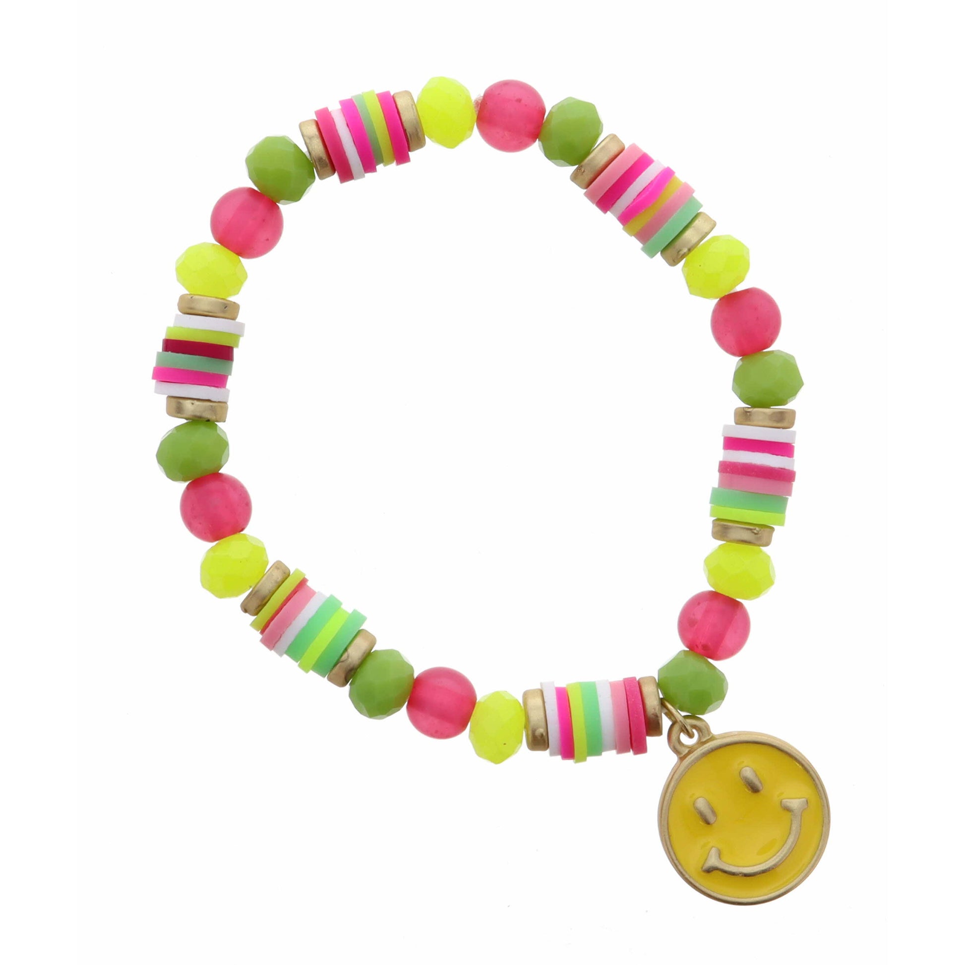 Kids Yellow Smiley Face on Pink and Lime Rubber Sequins Bracelet
