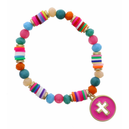 Kids Pink Open Cross Disc on Multi Rubber Sequins Bracelet