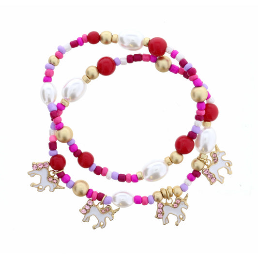 Kids Unicorns on Pink Seedbead & Pearl Bracelet