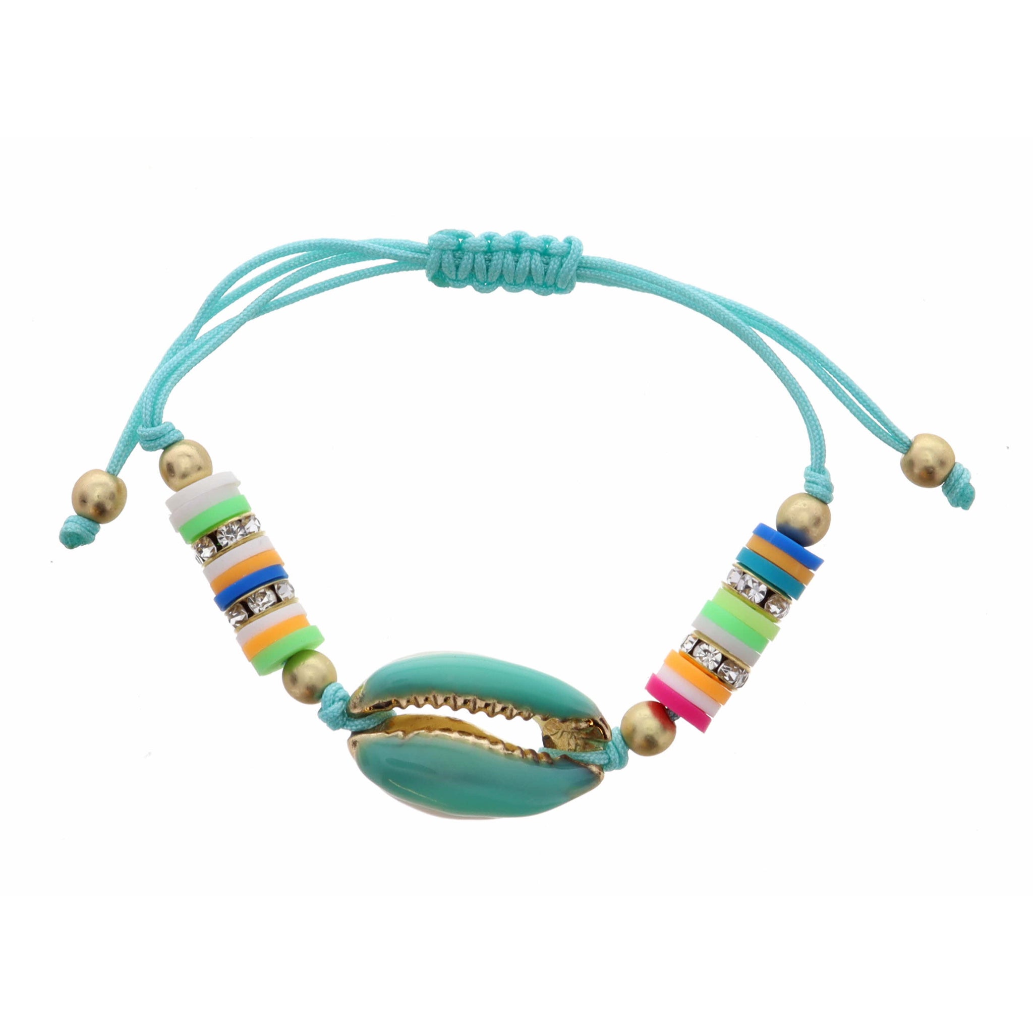 Kids Teal Shell on Multi Rubber Sequins & Teal Thread Bracelet