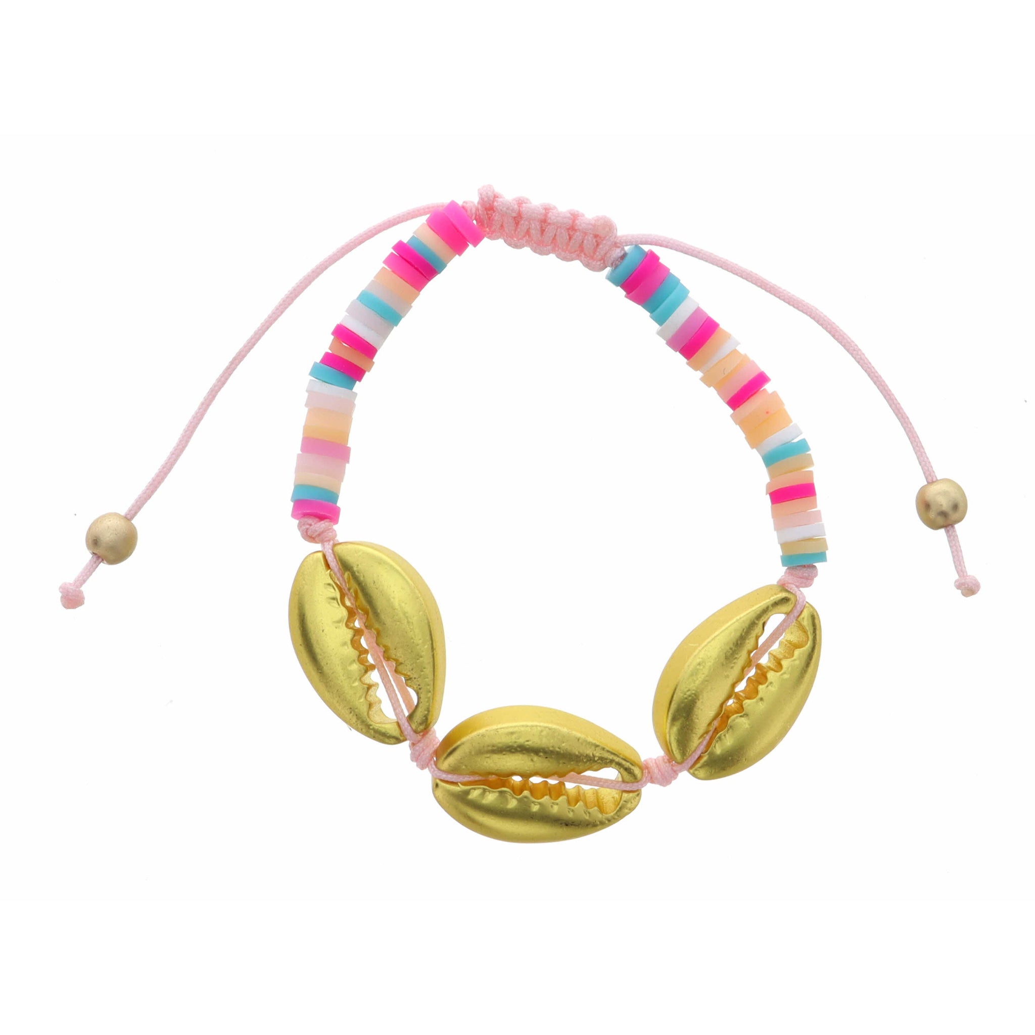 Kids Gold Shells on Small Rubber Sequins & Pink Thread Bracelet