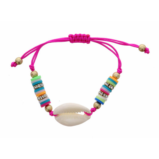 Kids White Shell on Multi Rubber Sequins & Hot Pink Thread Bracelet