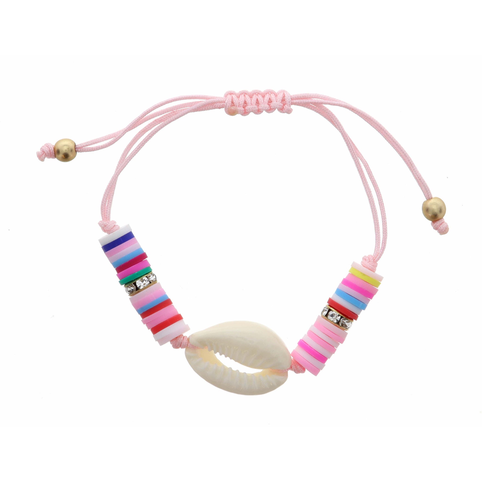 Kids White Shell on Multi Rubber Sequins & Pink Thread Bracelet