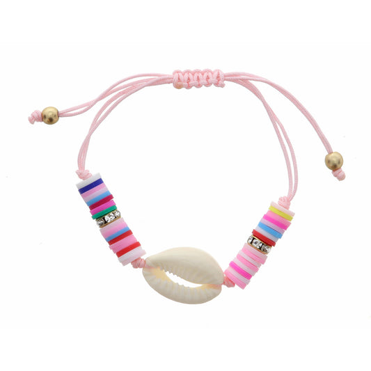 Kids White Shell on Multi Rubber Sequins & Pink Thread Bracelet