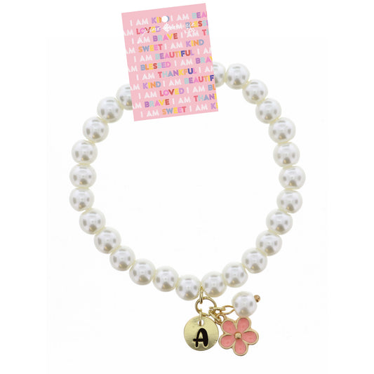 Kids "A" Initial Disc, Pearl, & Pink Flower Charms on Pearls Bracelet