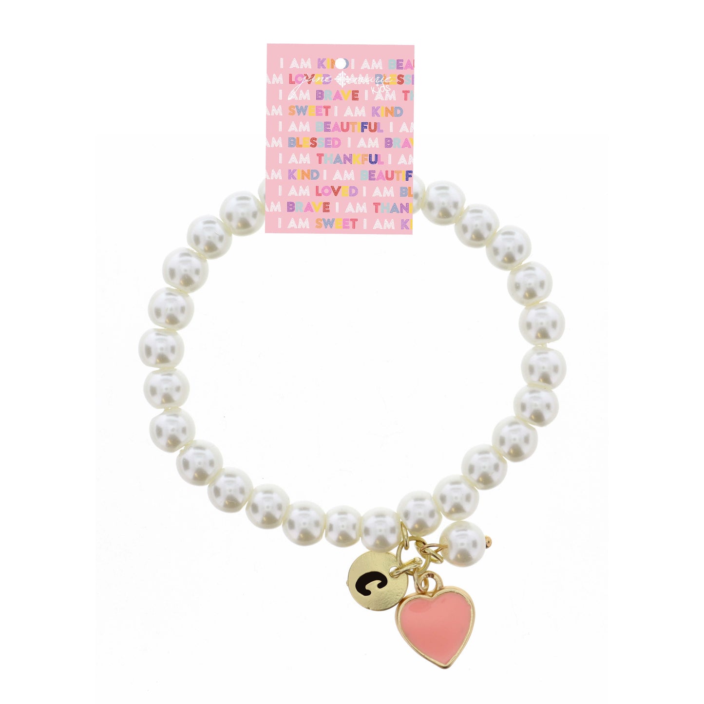 Kids "C" Initial Disc, Pearl, & Pink Heart Charms on Pearls Bracelet