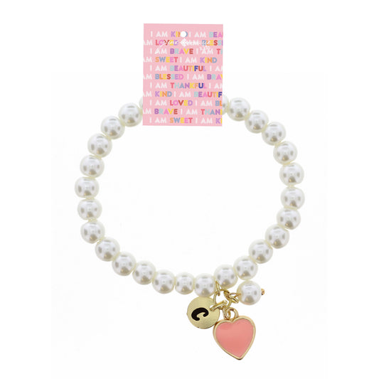 Kids "C" Initial Disc, Pearl, & Pink Heart Charms on Pearls Bracelet