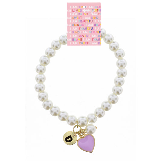 Kids "D" Initial Disc, Pearl, & Purple Heart Charms on Pearls Bracelet