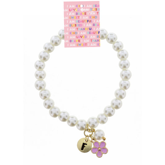 Kids "F" Initial Disc, Pearl, & Purple Flower Charms on Pearls Bracelet