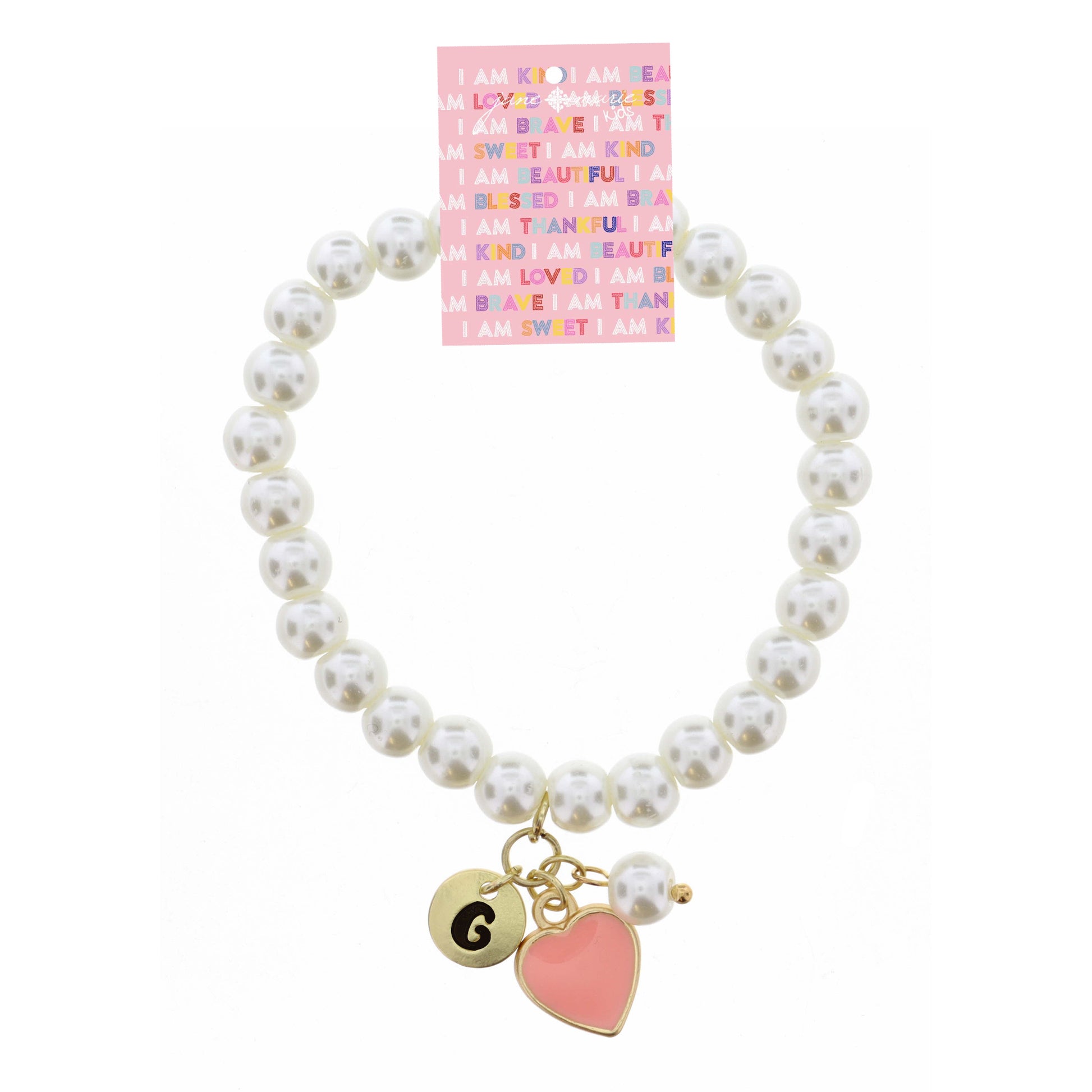 Kids "G" Initial Disc, Pearl, & Pink Heart Charms on Pearls Bracelet