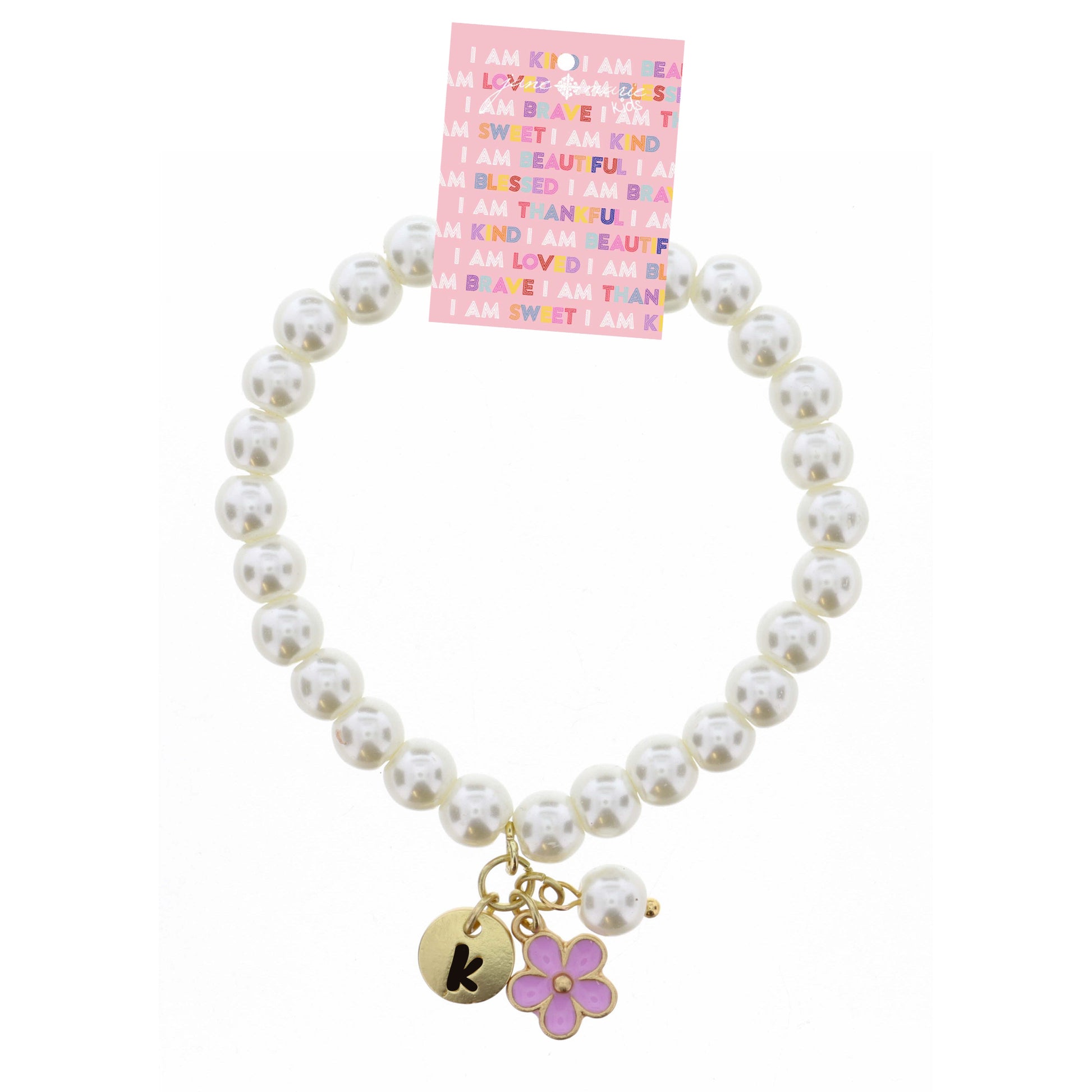 Kids "K" Initial Disc, Pearl, & Purple Flower Charms on Pearls Bracelet
