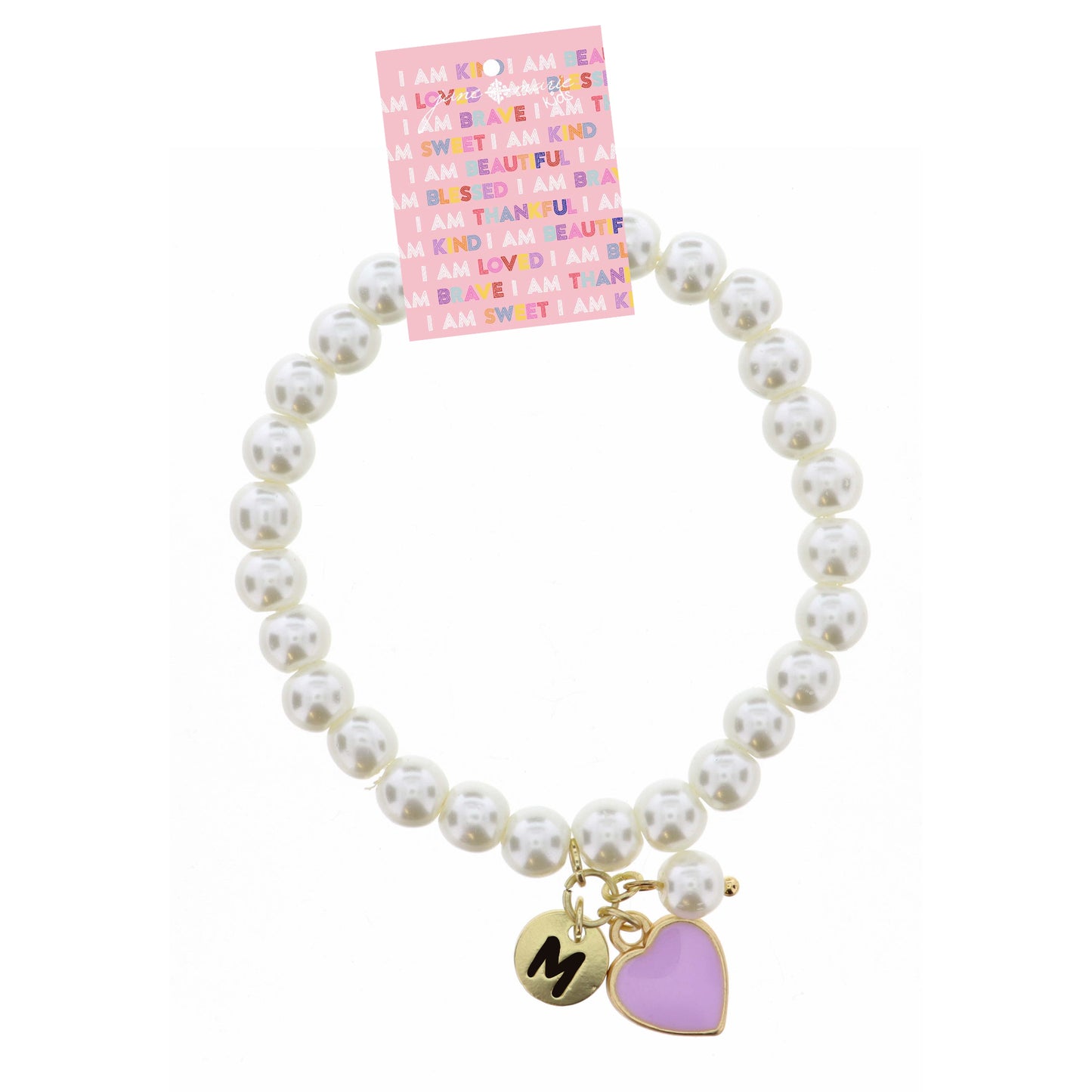 Kids "M" Initial Disc, Pearl, & Purple Heart Charms on Pearls Bracelet