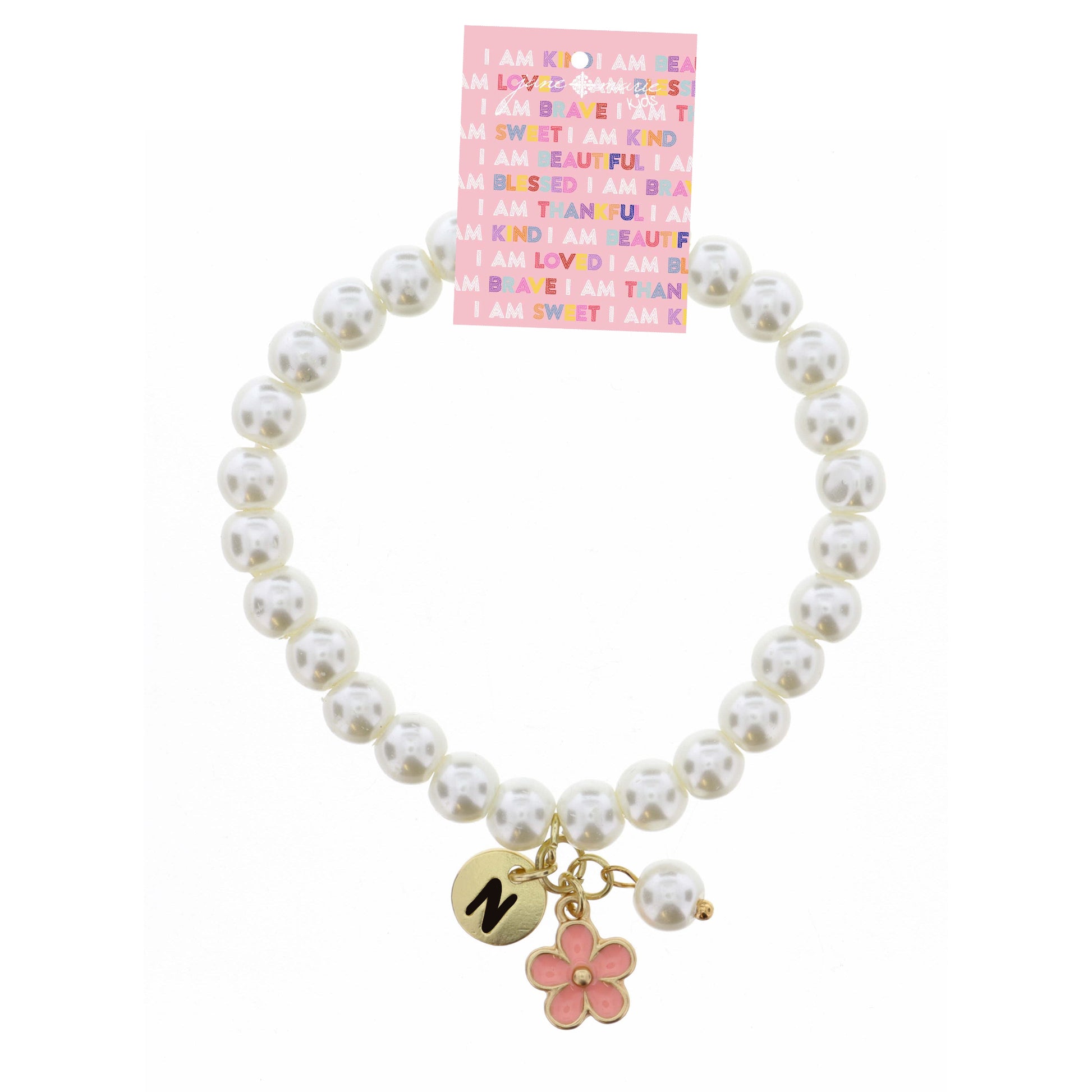 Kids "N" Initial Disc, Pearl, & Pink Flower Charms on Pearls Bracelet