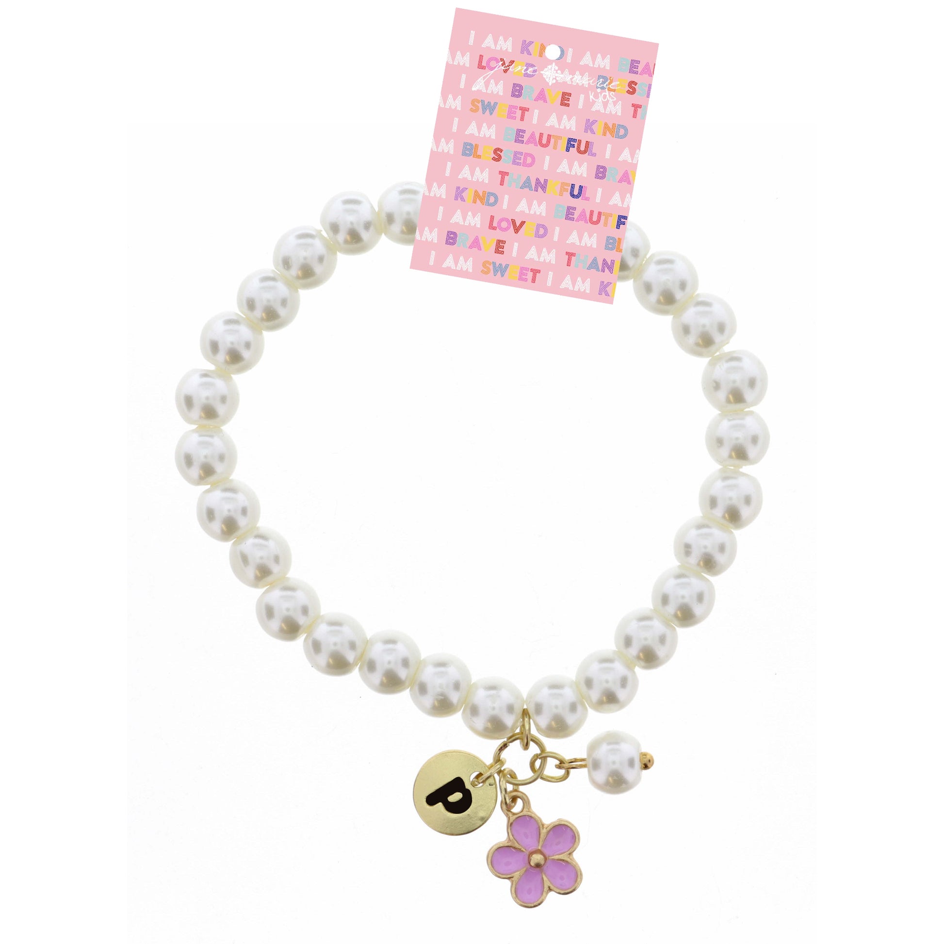 Kids "P" Initial Disc, Pearl, & Purple Flower Charms on Pearls Bracelet