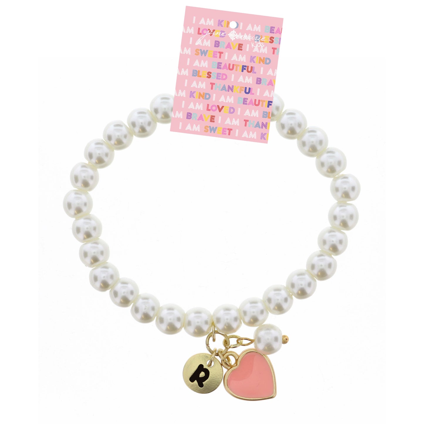 Kids "R" Initial Disc, Pearl, & Pink Heart Charms on Pearls Bracelet
