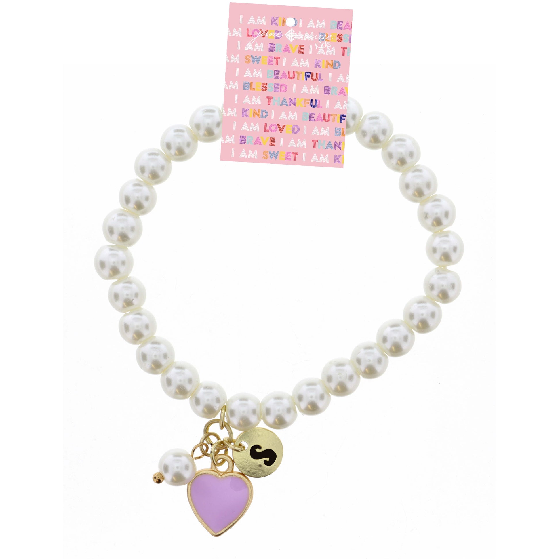 Kids "S" Initial Disc, Pearl, & Purple Heart Charms on Pearls Bracelet