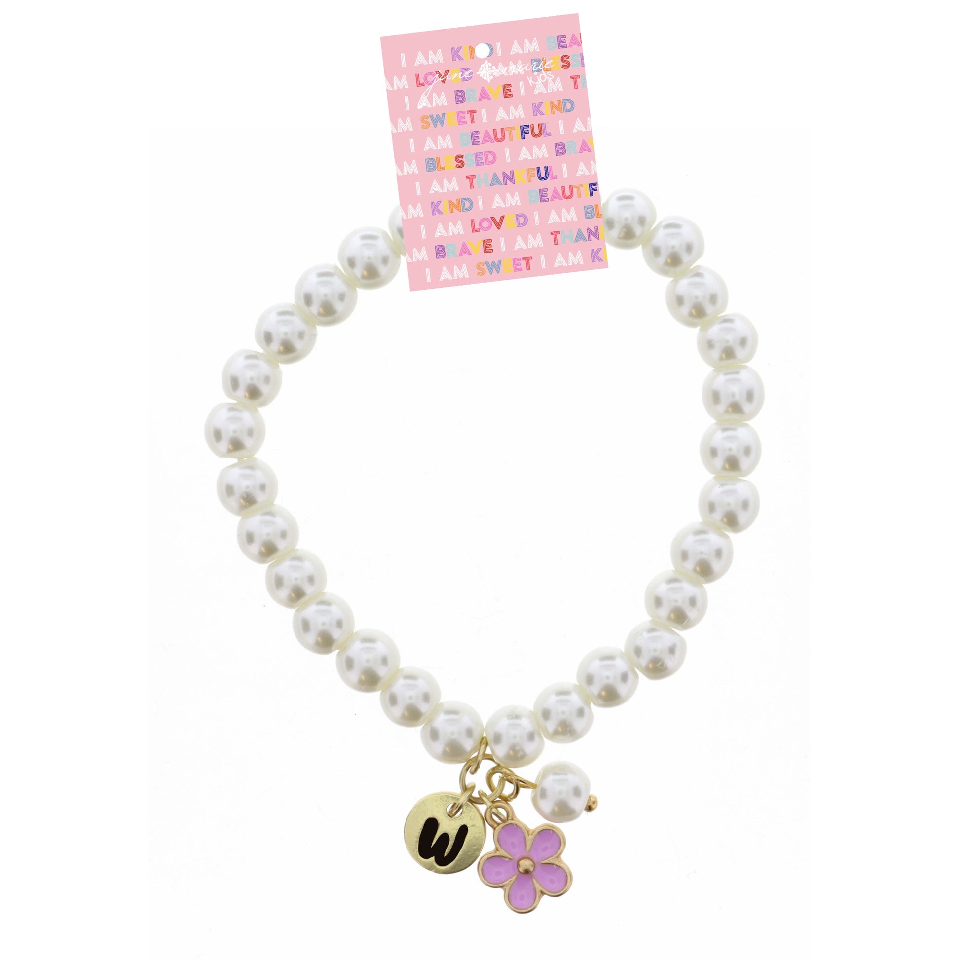 Kids "W" Initial Disc, Pearl, & Purple Flower Charms on Pearls Bracelet