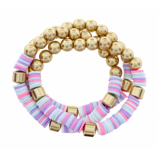 3 Strand, Metal Beads & Light Pink, Lavener, & Mint Rubber Sequins Bracelet