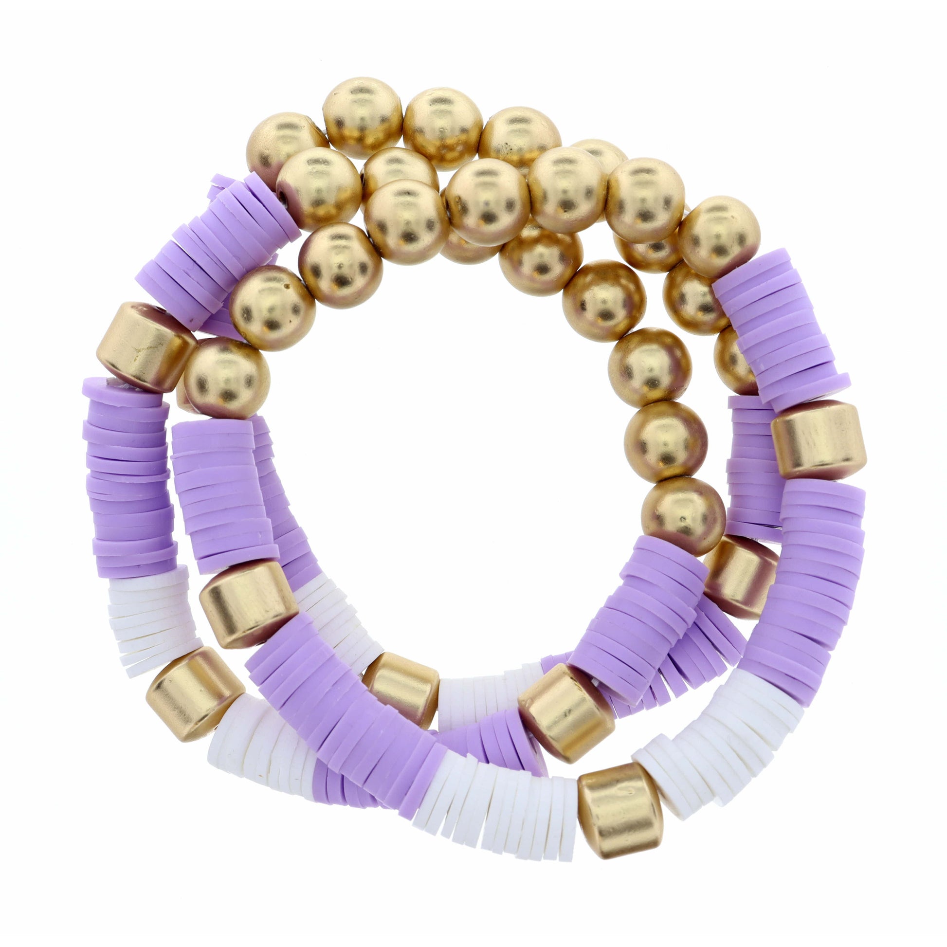 3 Strand, Metal Beads & Lavender with White Rubber Sequins Bracelet