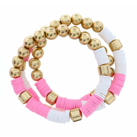 3 Strand, Metal Beads & Light Pink & White Rubber Sequins Bracelet