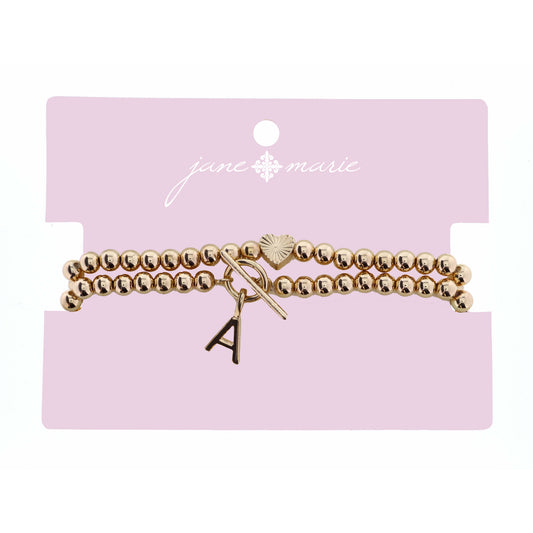 2 Strand, Gold "A" Initial with Toggle and Textured Heart Bracelet