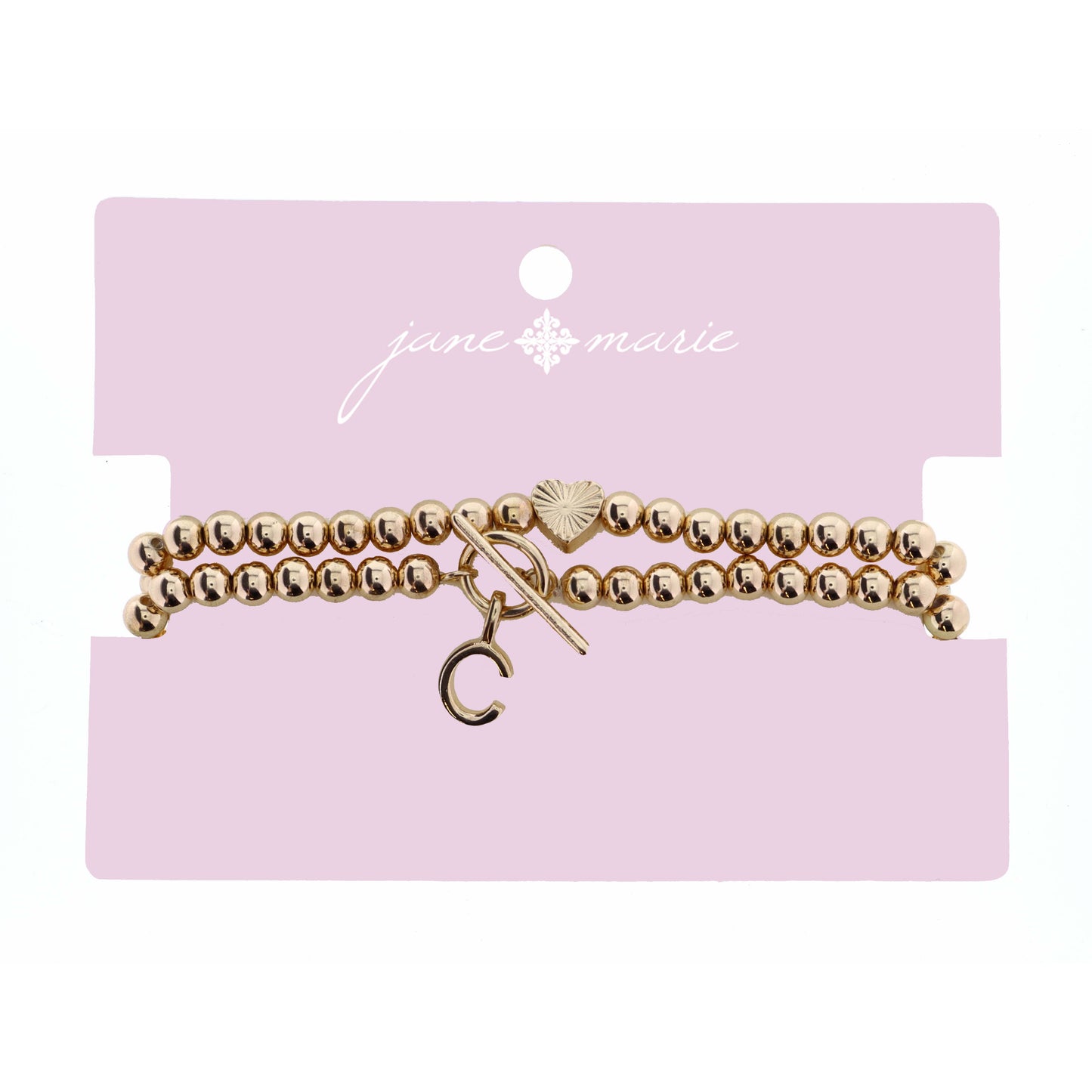 2 Strand, Gold "C" Initial with Toggle and Textured Heart Bracelet