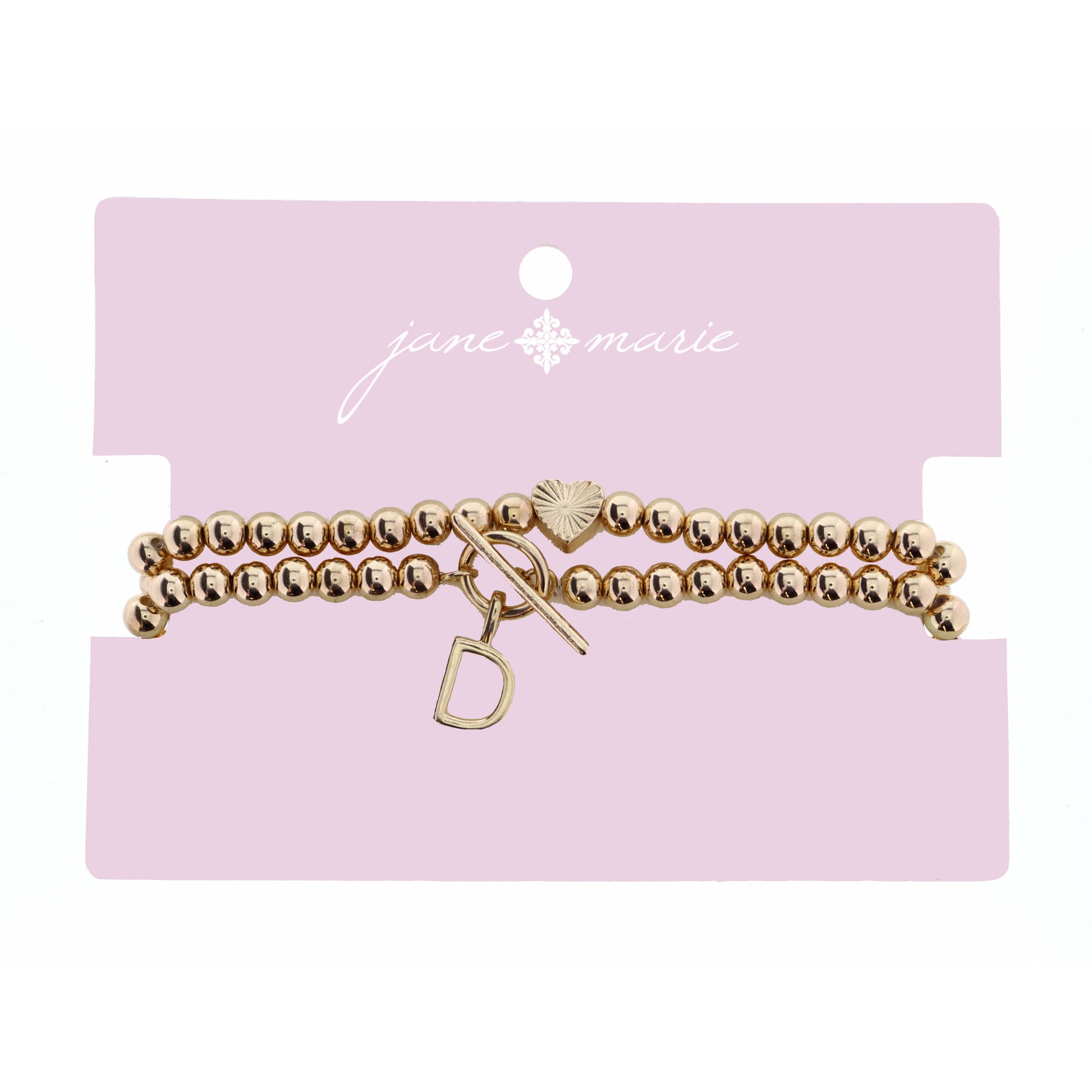 2 Strand, Gold "D" Initial with Toggle and Textured Heart Bracelet