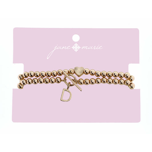 2 Strand, Gold "D" Initial with Toggle and Textured Heart Bracelet