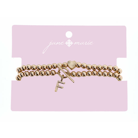 2 Strand, Gold "F" Initial with Toggle and Textured Heart Bracelet