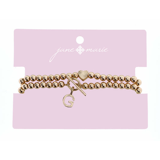 2 Strand, Gold "G" Initial with Toggle and Textured Heart Bracelet