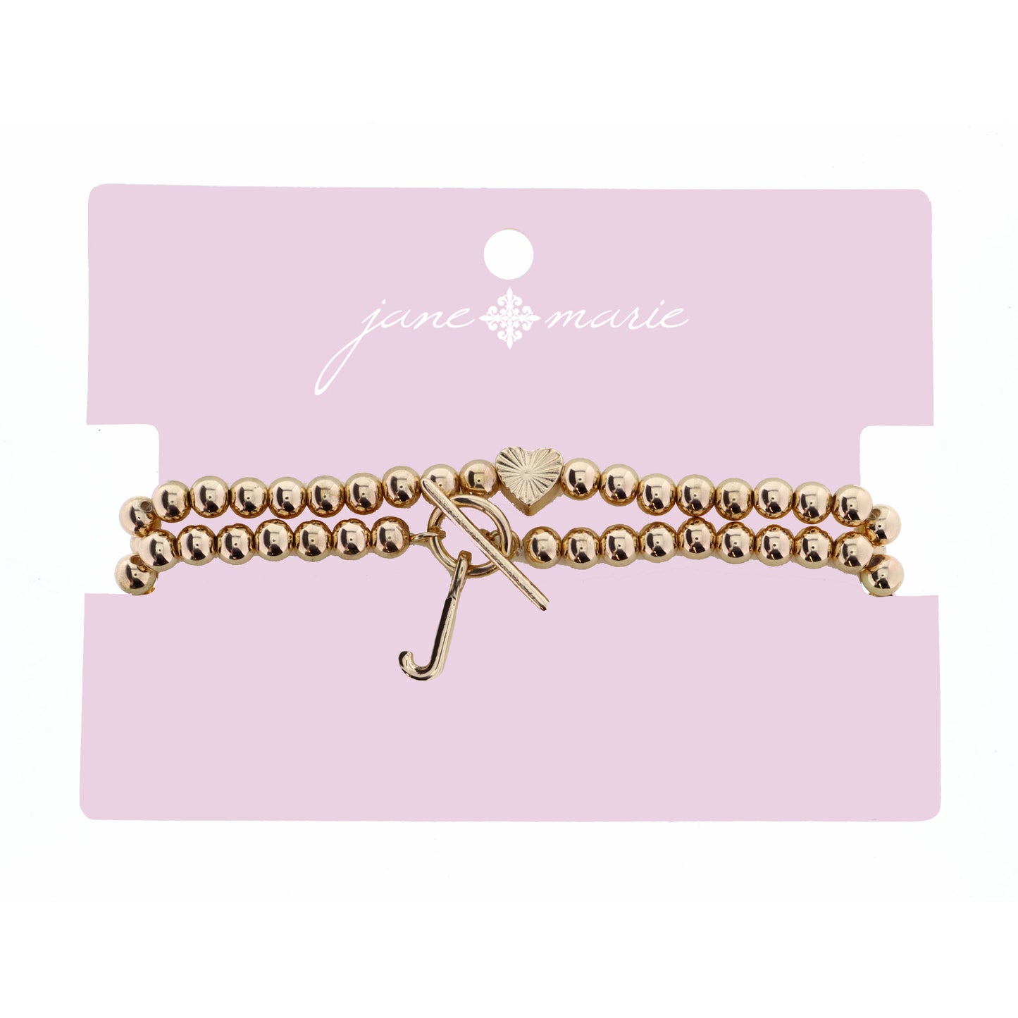 2 Strand, Gold "J" Initial with Toggle and Textured Heart Bracelet