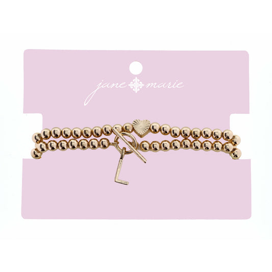 2 Strand, Gold "L" Initial with Toggle and Textured Heart Bracelet