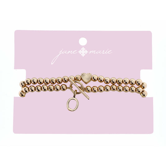 2 Strand, Gold "O" Initial with Toggle and Textured Heart Bracelet