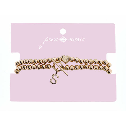 2 Strand, Gold "S" Initial with Toggle and Textured Heart Bracelet