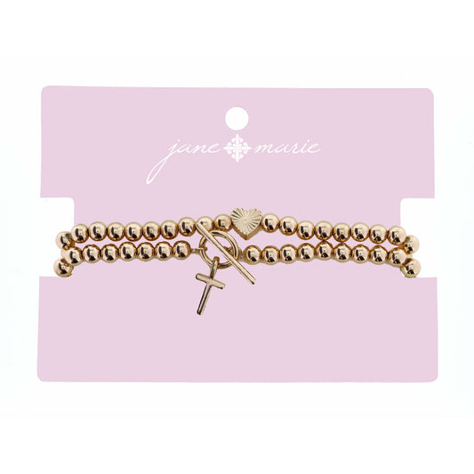 2 Strand, Gold "T" Initial with Toggle and Textured Heart Bracelet