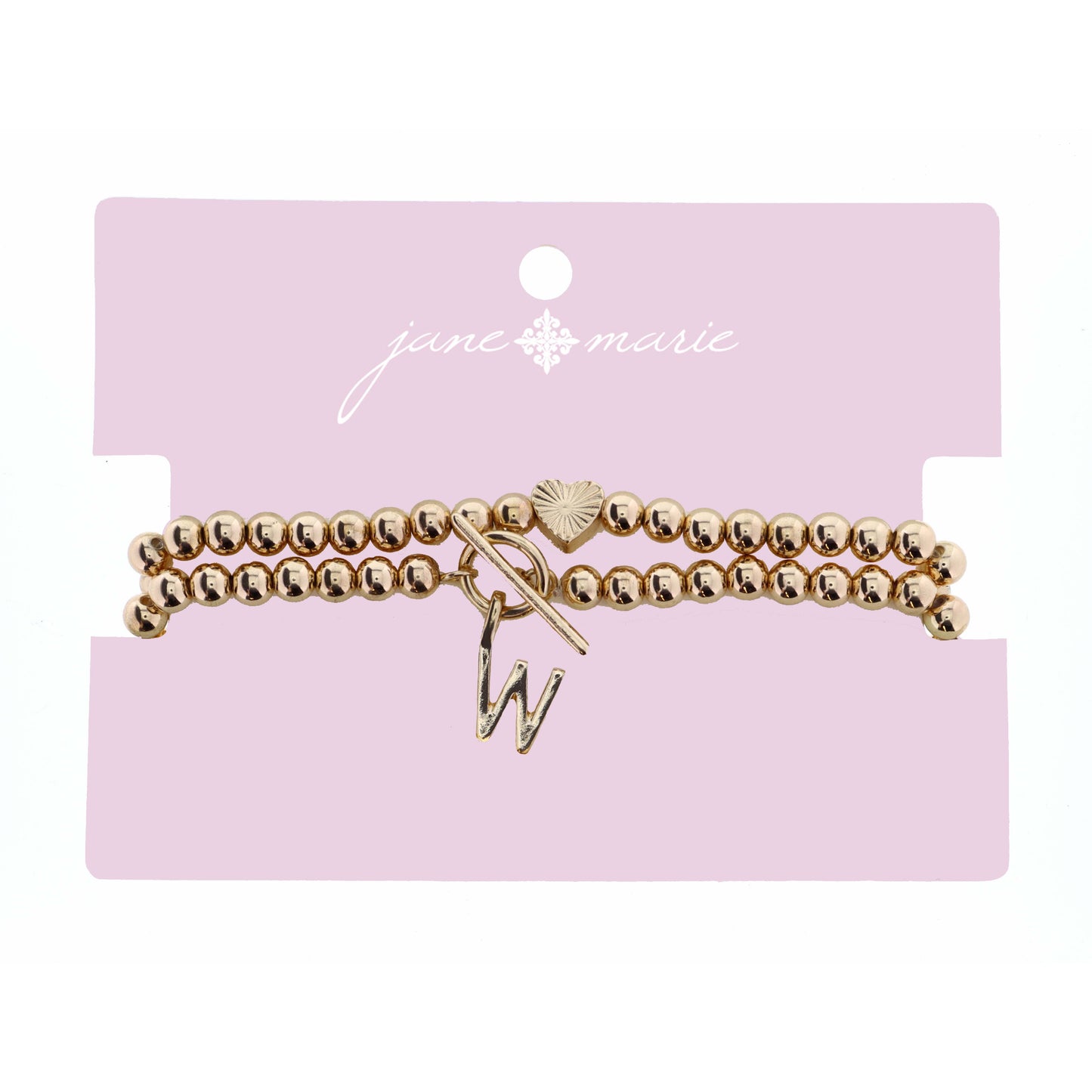 2 Strand, Gold "W" Initial with Toggle and Textured Heart Bracelet