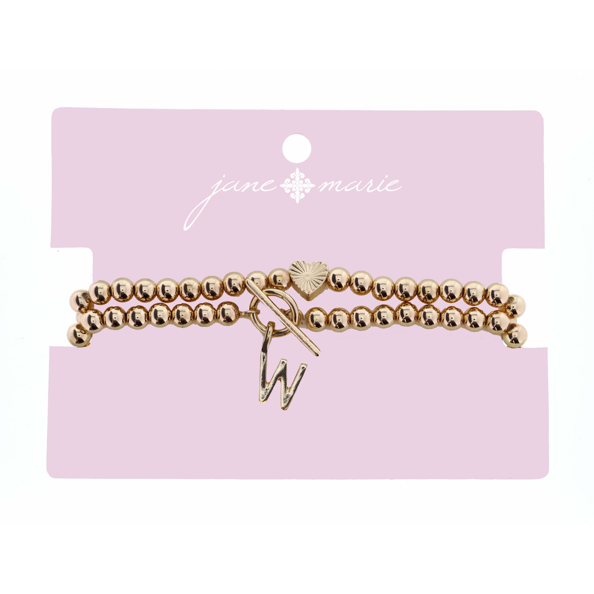 2 Strand, Gold "W" Initial with Toggle and Textured Heart Bracelet