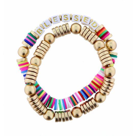 Stack of 2, Blessed on Multi & Gold Srand Bracelet