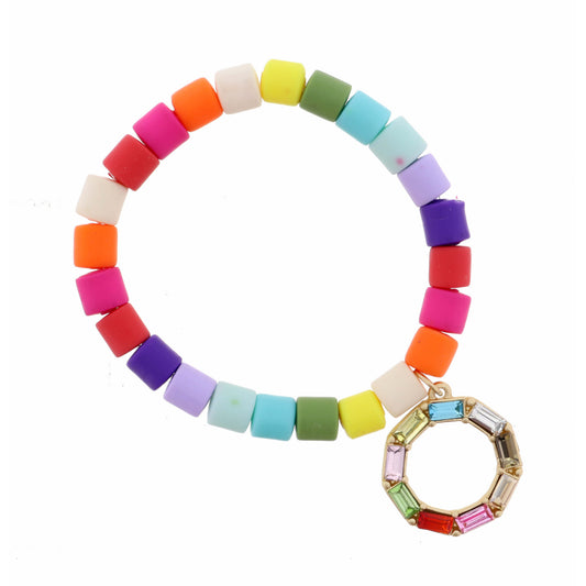 Kids Multi Colored Cylinder Beads with Multi Crystal Open Circle Bracelet