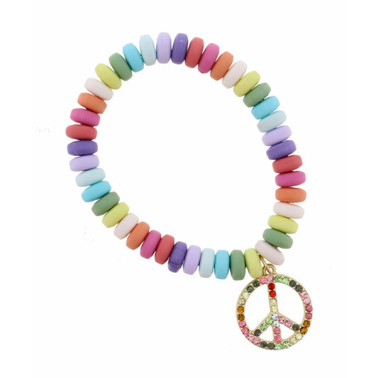 Kids Multi Colored Disk Beads with Multi Crystal Peace Sign Bracelet