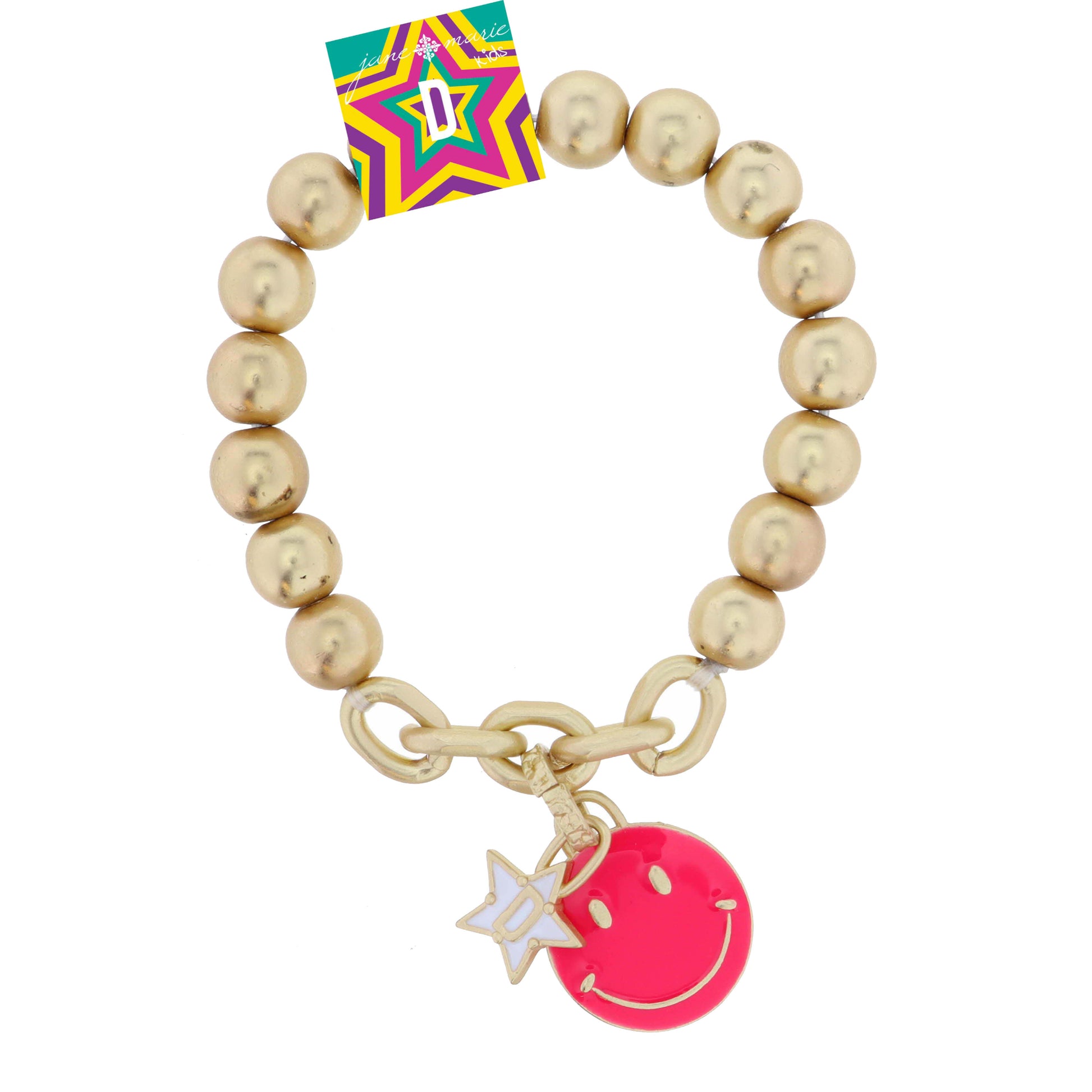 Kids Happy Face, Hot Pink & Yellow with Star "D" Bracelet