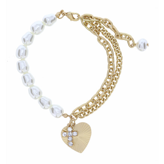 Half Pearl, Half Double Chain with Textured Heart & Crystal Cross  Bracelet