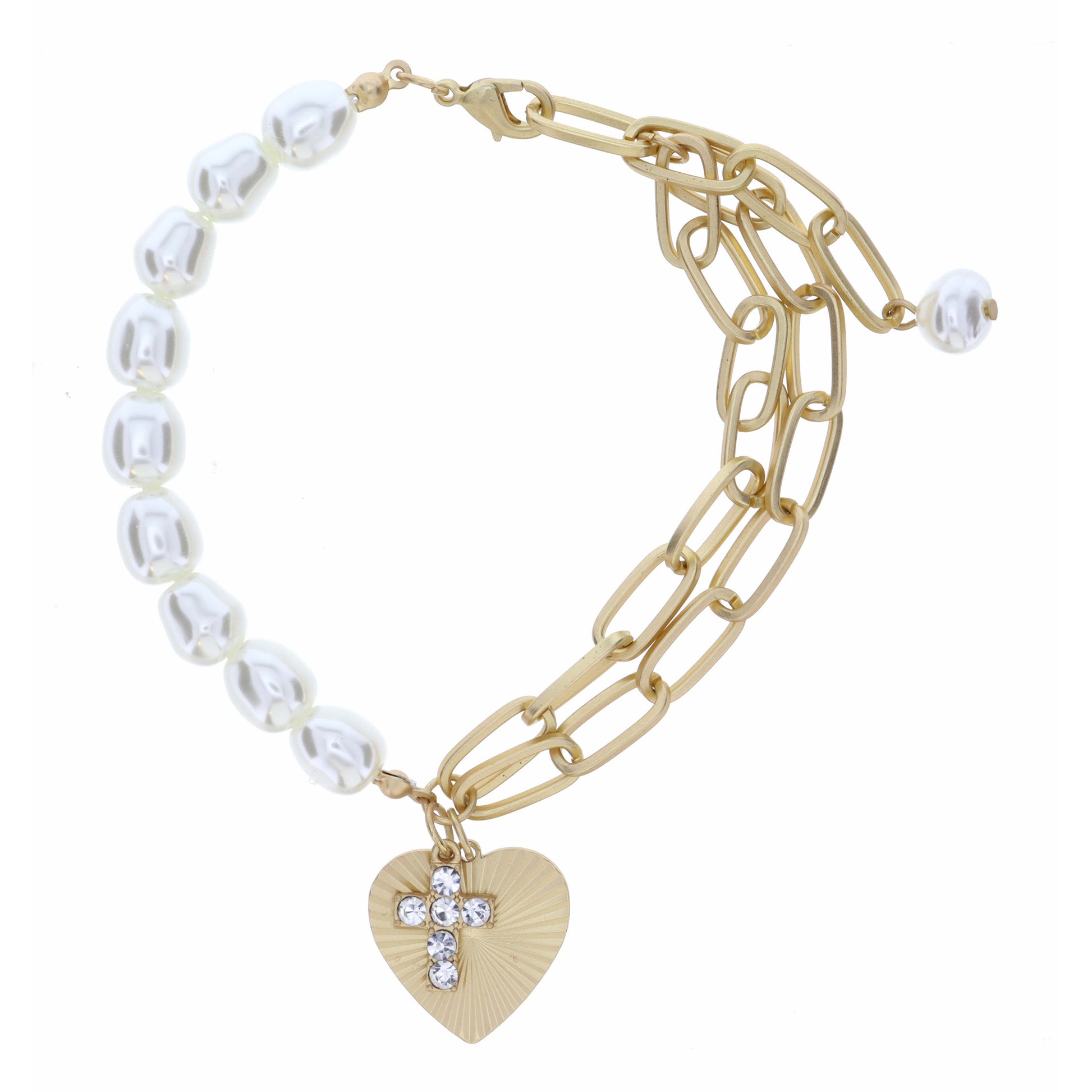Half Pearl, Half Double Same Chain with Heart & Crystal Cross  Bracelet